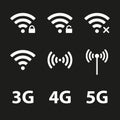 Wifi and wireless icon set for remote internet access. Podcast vector symbols. 3G, 4G and 5G technology signs Royalty Free Stock Photo
